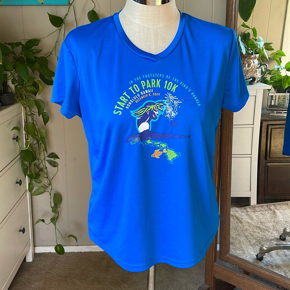 Hawaii blue V neck running tee, new without tags, woman’s large